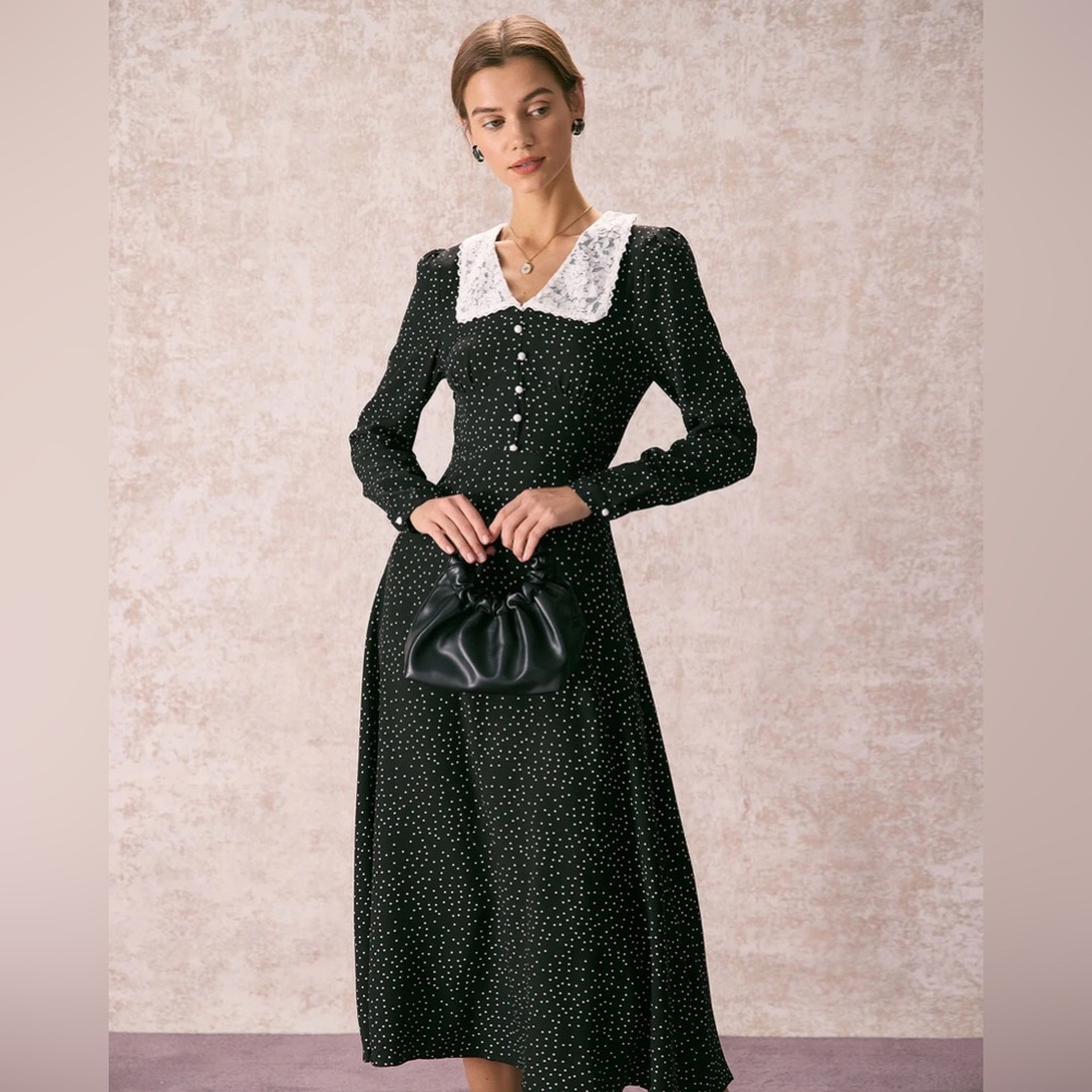 NWT RIHOAS The Black Lace Collar Polka Dot Maxi Dress Sz XS